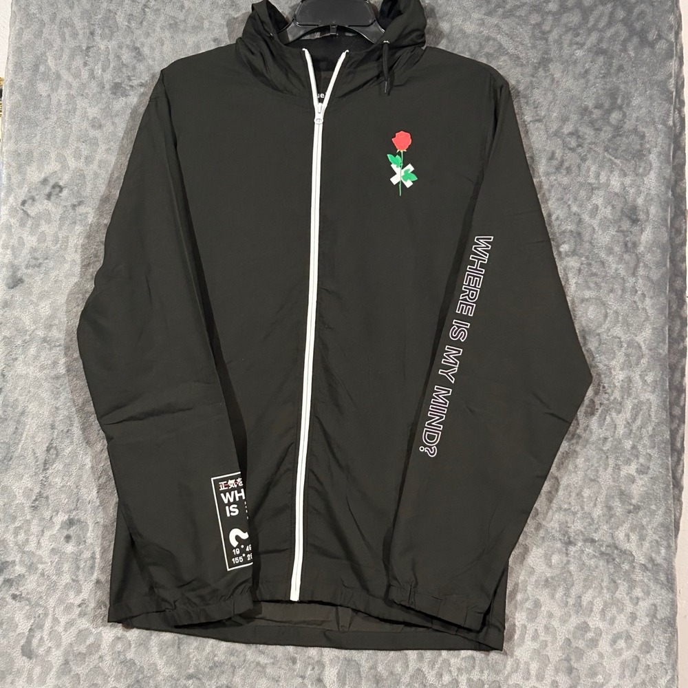 Rue21 Mens Where Is My Mind Rose Graphic Windbreaker Jacket Black XL
